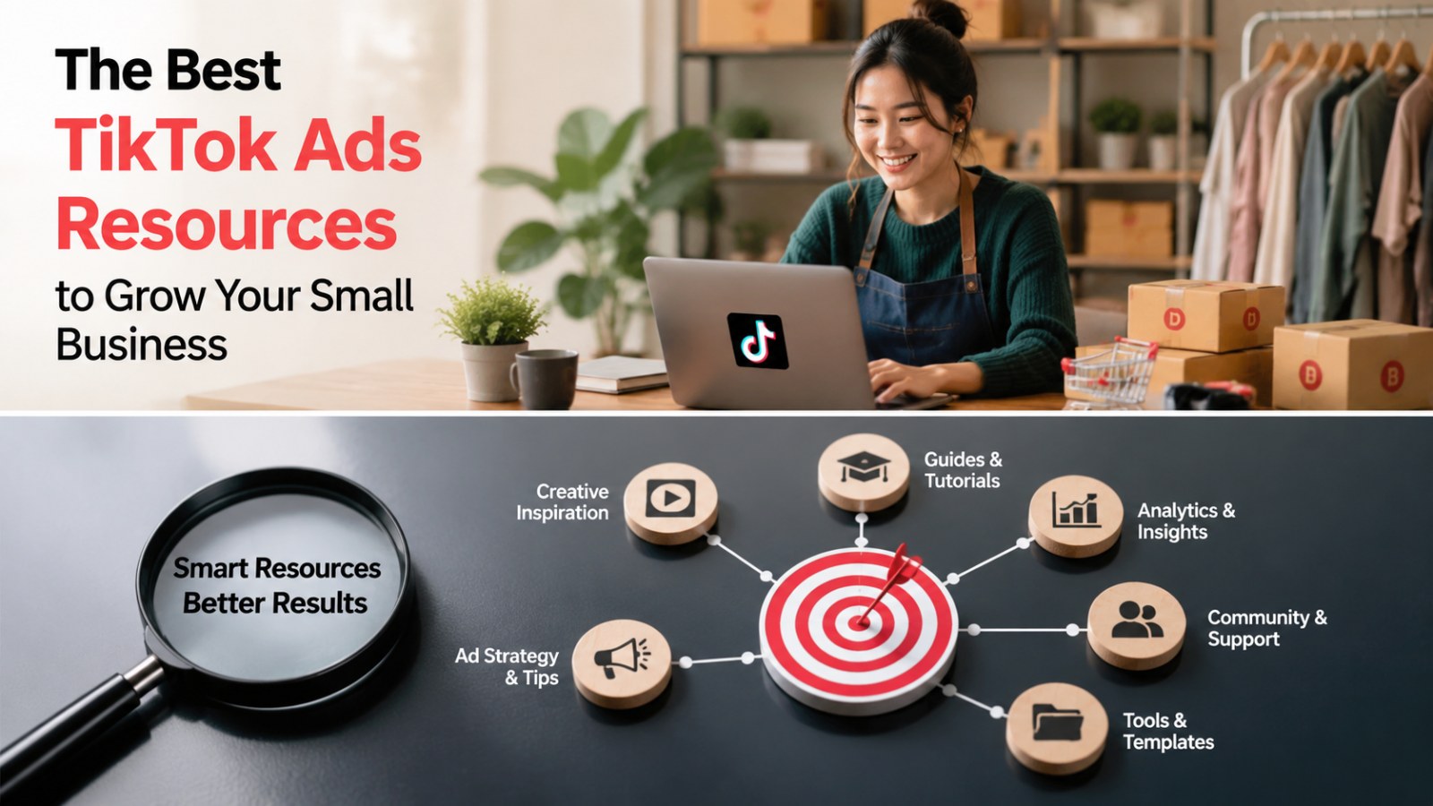 Young woman working on laptop with TikTok Ads Resources for Small Business Advertisers, highlighting tools and guides for campaign growth