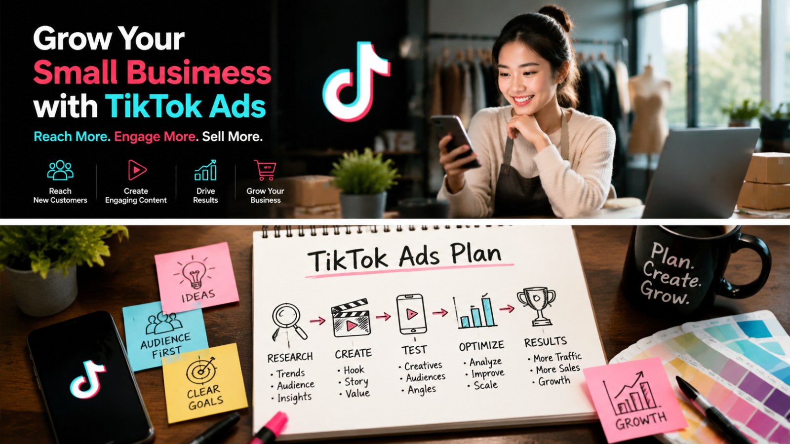 Best TikTok Ads Resources for Small Business Advertisers: Useful Tools and Guides to Get Started 2 Bird's-eye view of a creative TikTok Ads planning workspace with sketches, post-its, and strategy notes for small business advertisers for TikTok Ads Resources for Small Business Advertisers