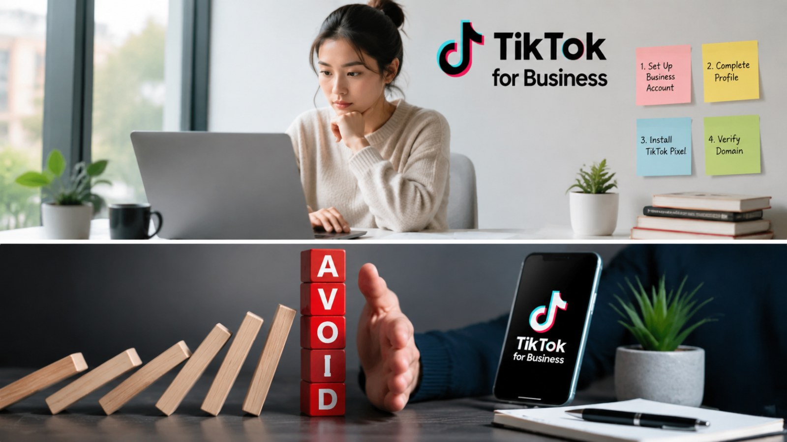 Woman working on a laptop surrounded by sticky notes detailing TikTok Business tasks, illustrating TikTok Business Account Setup Mistakes