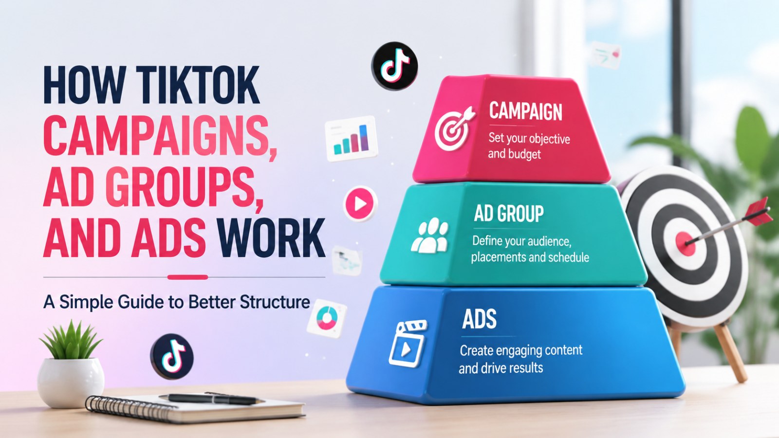 Infographic showing how TikTok Campaigns, Ad Groups, and Ads work in a pyramid diagram with modern 3D graphics and floating TikTok icons
