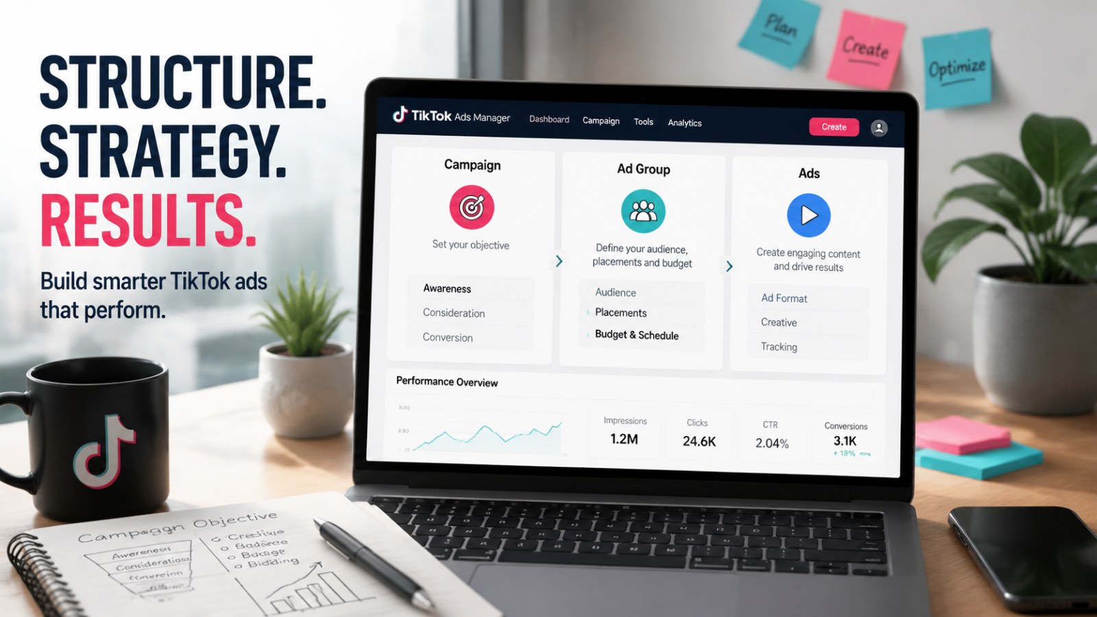 Modern desk scene showing a laptop with TikTok Ads Manager dashboard, marketing notes, coffee mug, and potted plants illustrating ad structure and strategy for How TikTok Campaigns, Ad Groups, and Ads Work