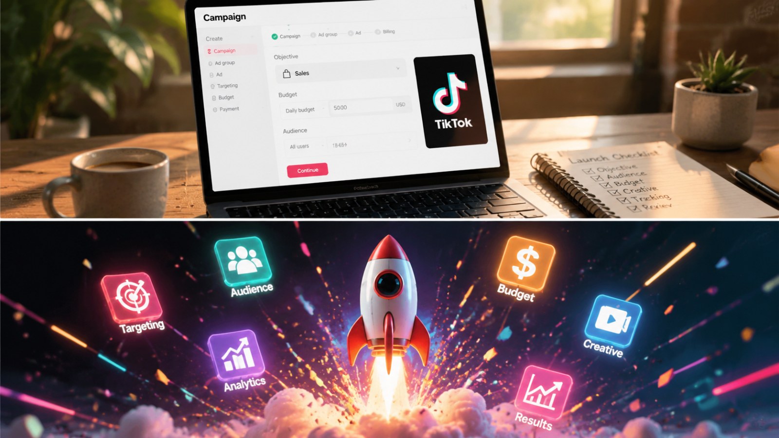 Hero-style visual for How to Launch Your First TikTok Ads Campaign showing a small business owner planning with tablet, charts, and analytics icons