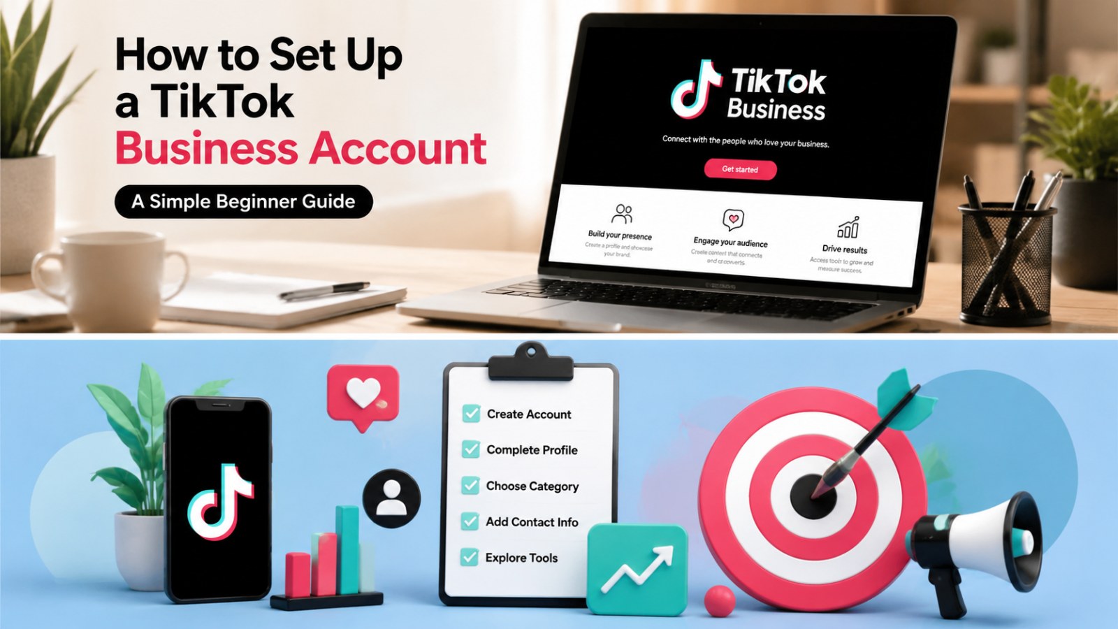 How to Set Up a TikTok Business Account: A Simple Beginner Guide 1 Hero-style image showing a beginner-friendly guide to How to Set Up a TikTok Business Account with a checklist and marketing icons