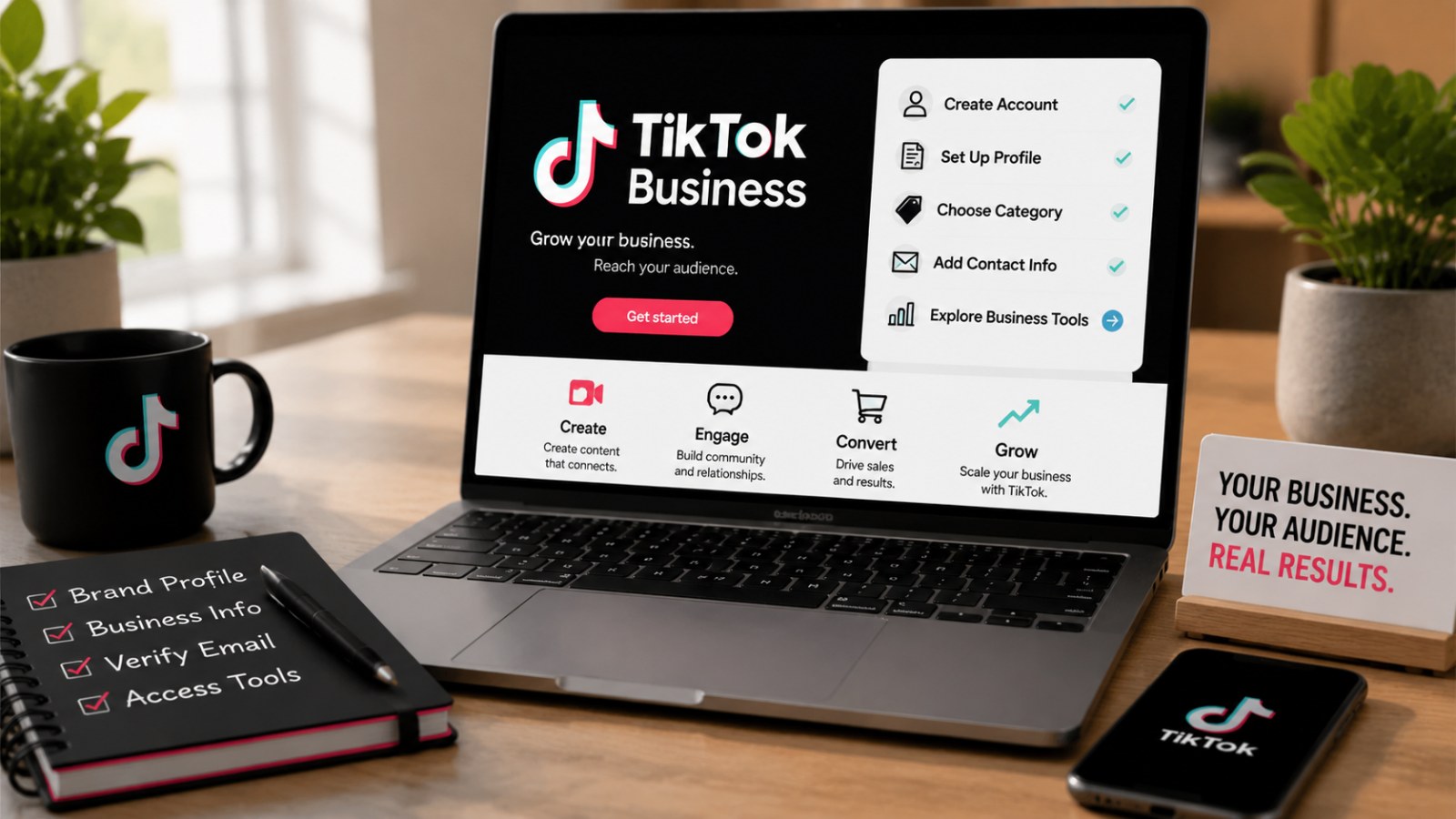 How to Set Up a TikTok Business Account: A Simple Beginner Guide 2 Realistic 3D render of a modern workspace with TikTok Business dashboard on laptop, checklist, and branded items for How to Set Up a TikTok Business Account