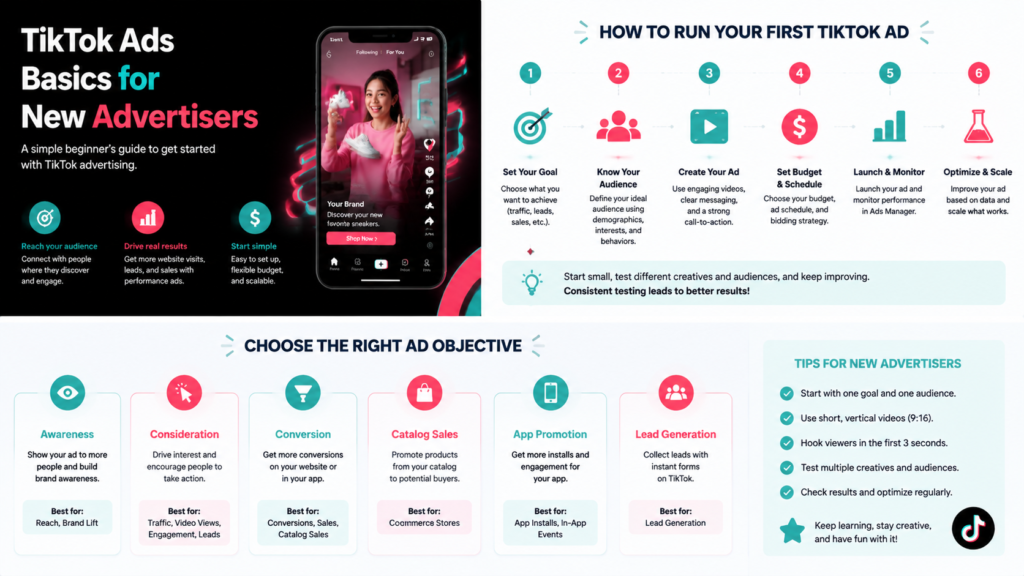 Split infographic showing steps for new advertisers to set up TikTok Ads, choose objectives, and monitor campaigns.