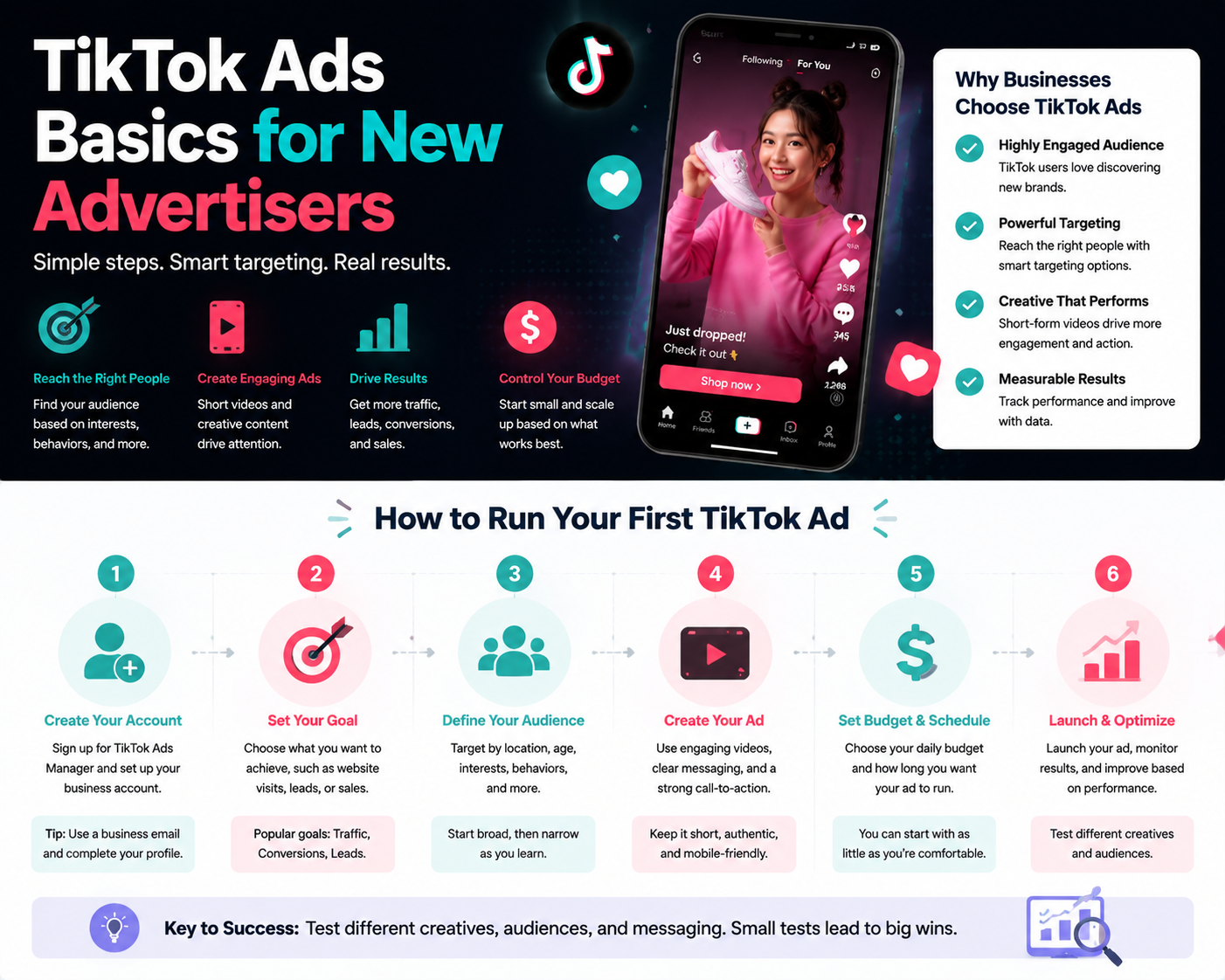 Clean infographic showing a tutorial layout with benefits, steps, and key tips for new TikTok advertisers.