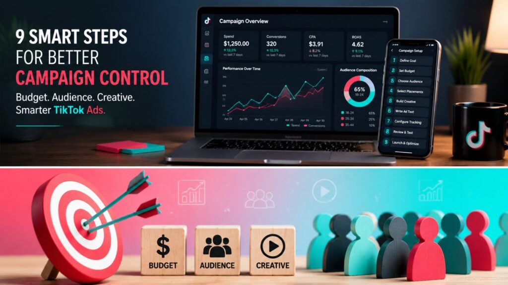 TikTok Ads Budget, Audience, and Creative Setup: 9 Smart Steps for Better Campaign Control 3 Hero-style image showing TikTok Ads campaign management with budget, audience targeting, and creative planning, emphasizing TikTok Ads Budget Audience Creative Setup.