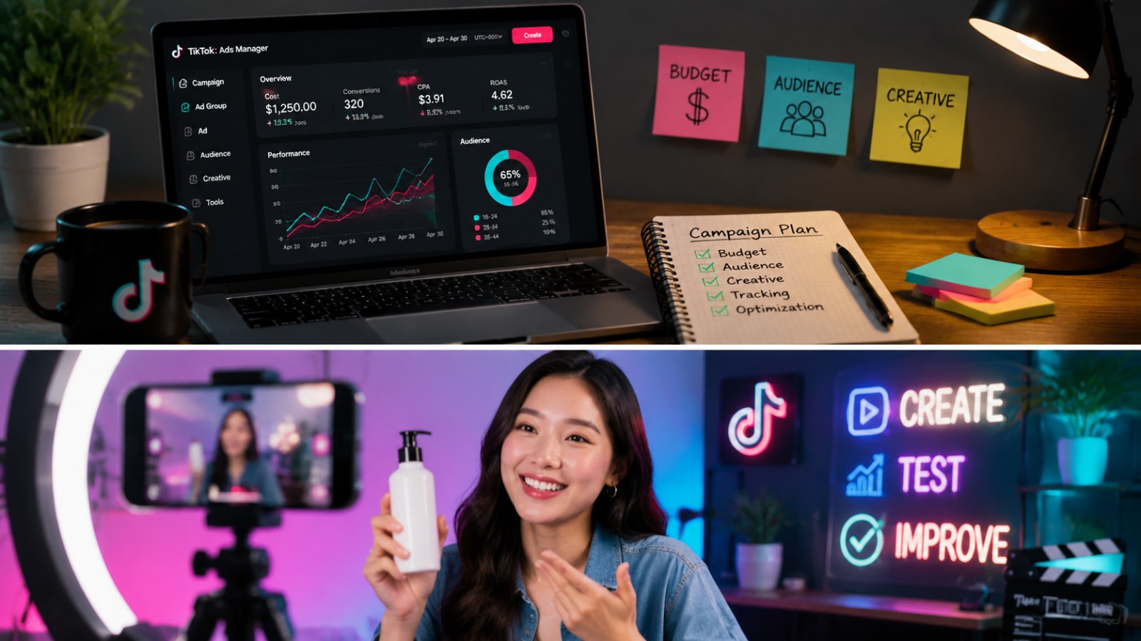 TikTok Ads Budget, Audience, and Creative Setup: 9 Smart Steps for Better Campaign Control 2 Supporting image showing a TikTok Ads workspace with campaign planning notes, a dashboard on a laptop, and a creative content recording setup, highlighting TikTok Ads Budget Audience Creative Setup.