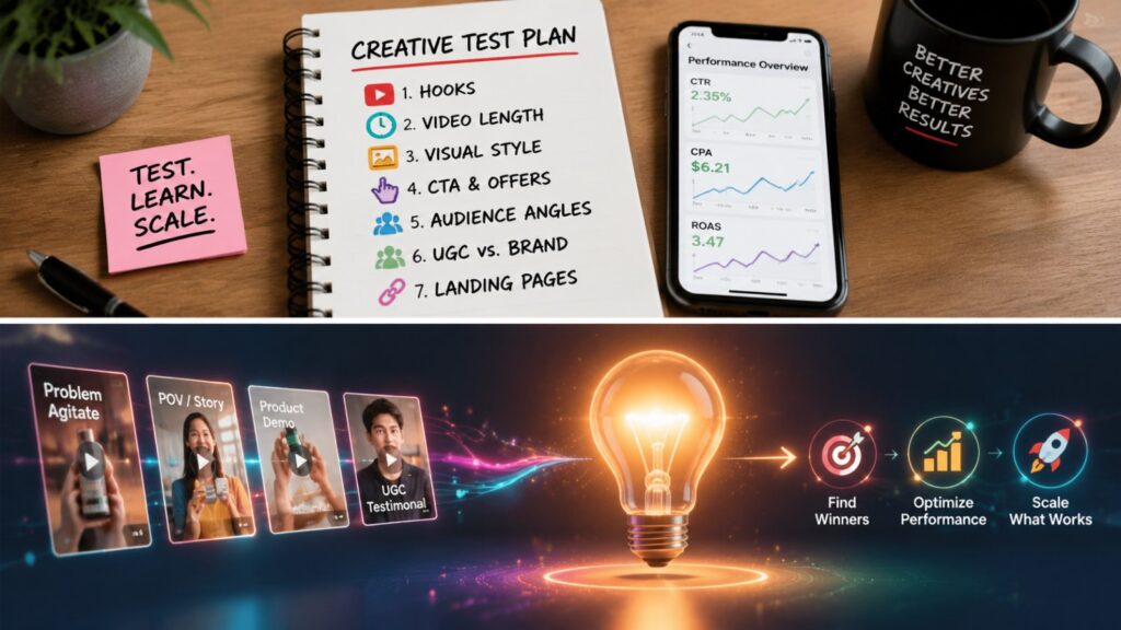 TikTok Ads Creative Testing Guide for Businesses: 7 Practical Tests for Better Results 3 Hero image showing a TikTok Ads Creative Testing plan on a workspace with phone analytics and performance charts