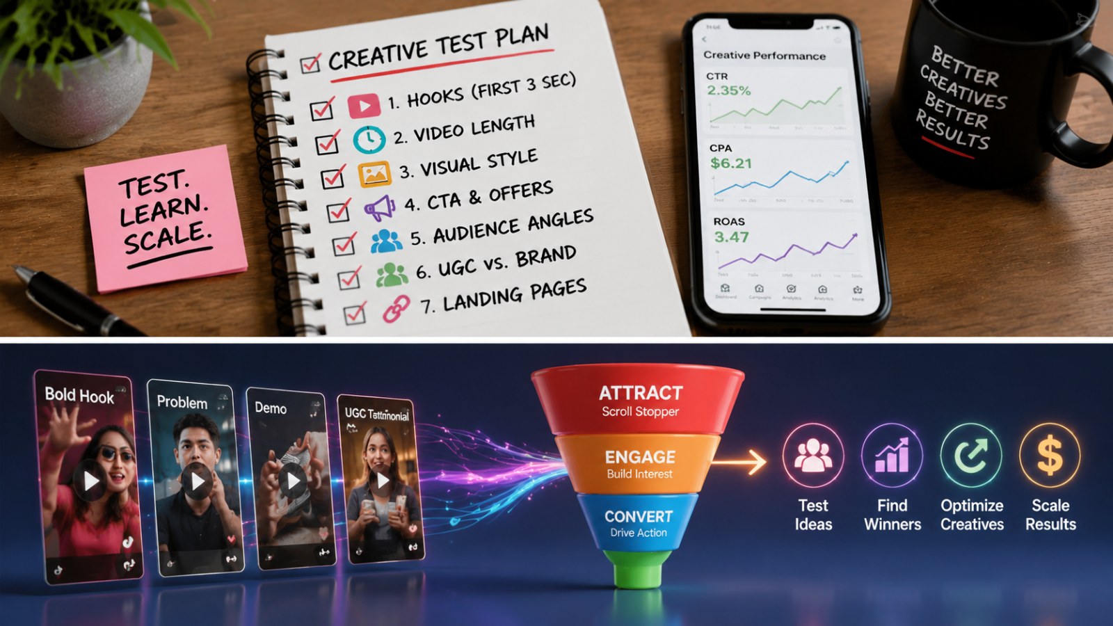 TikTok Ads Creative Testing Guide for Businesses: 7 Practical Tests for Better Results 2 Supporting image illustrating a creative testing funnel with video cards and conversion stages for TikTok Ads Creative Testing