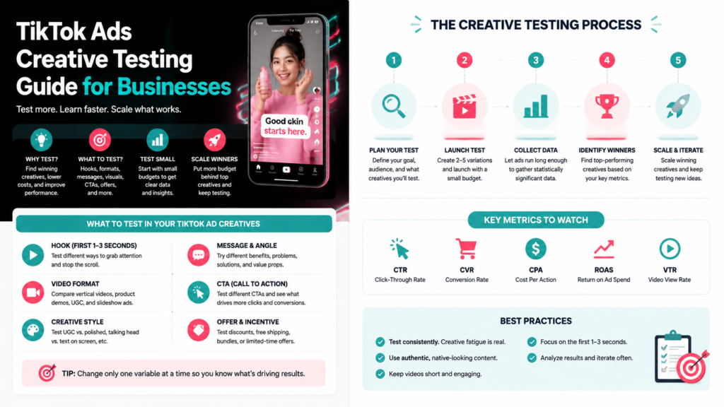 Infographic split image showing TikTok Ads creative testing steps, checklist, and key metrics for businesses.