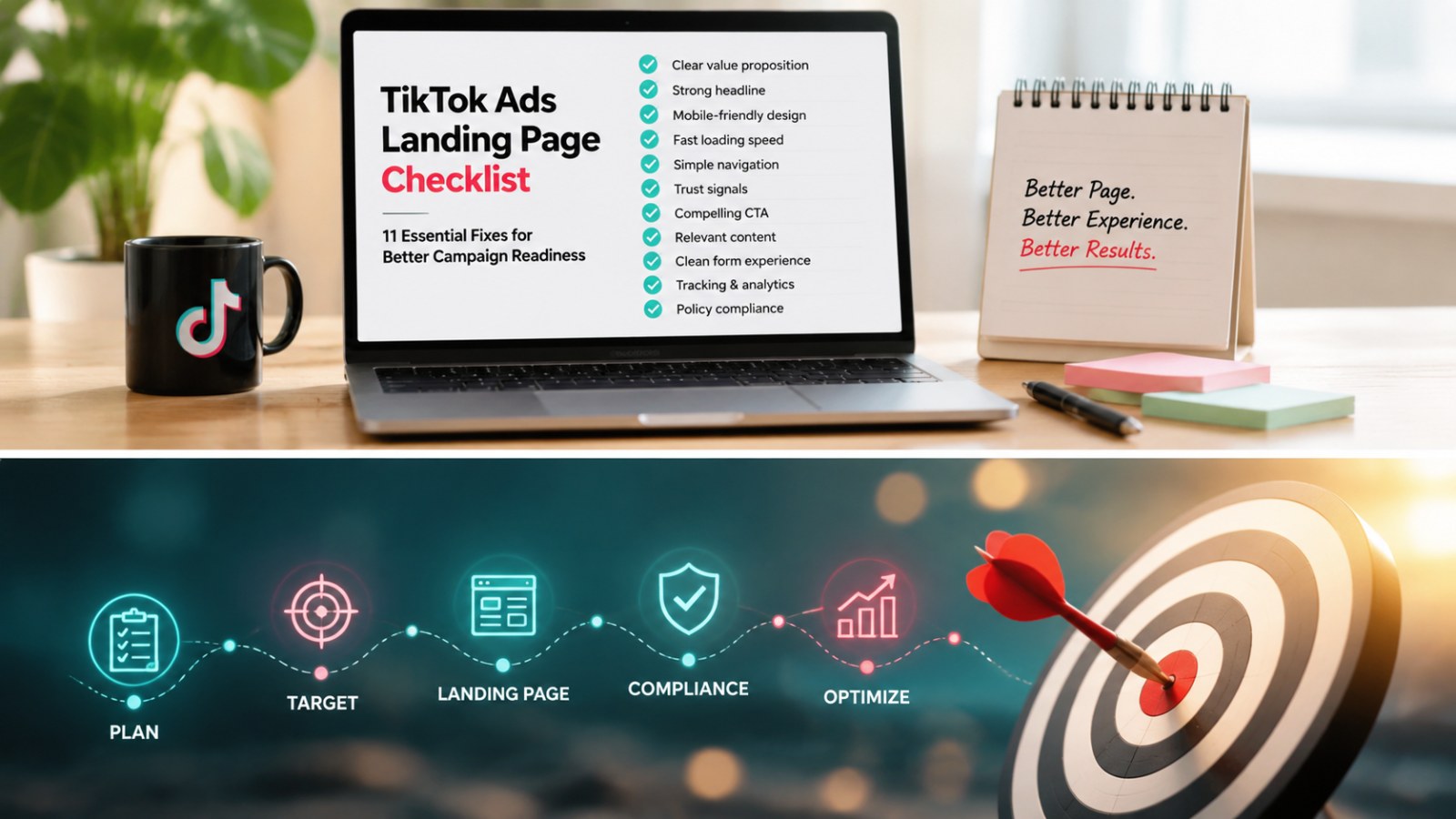 Hero image showing a sleek workspace with TikTok Ads Landing Page Checklist on a laptop and a process roadmap leading to a bullseye, illustrating campaign optimization.