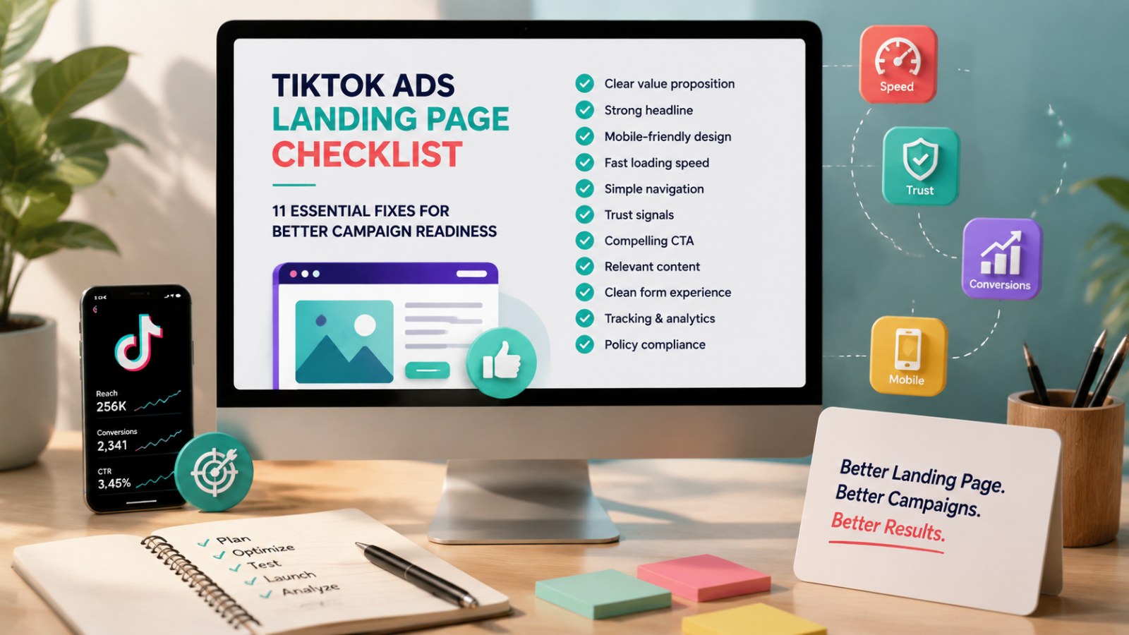TikTok Ads Landing Page Checklist: 11 Essential Fixes for Better Campaign Readiness 2 Modern stylized workspace with a large monitor displaying TikTok Ads Landing Page Checklist, surrounded by desk accessories, app icons, and analytics elements, representing campaign readiness.