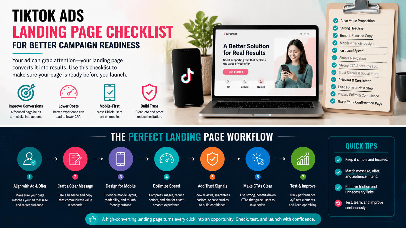 A wide infographic showing a TikTok Ads landing page checklist, with step-by-step workflow, mobile-first design tips, trust signals, and actionable steps for conversion optimization.