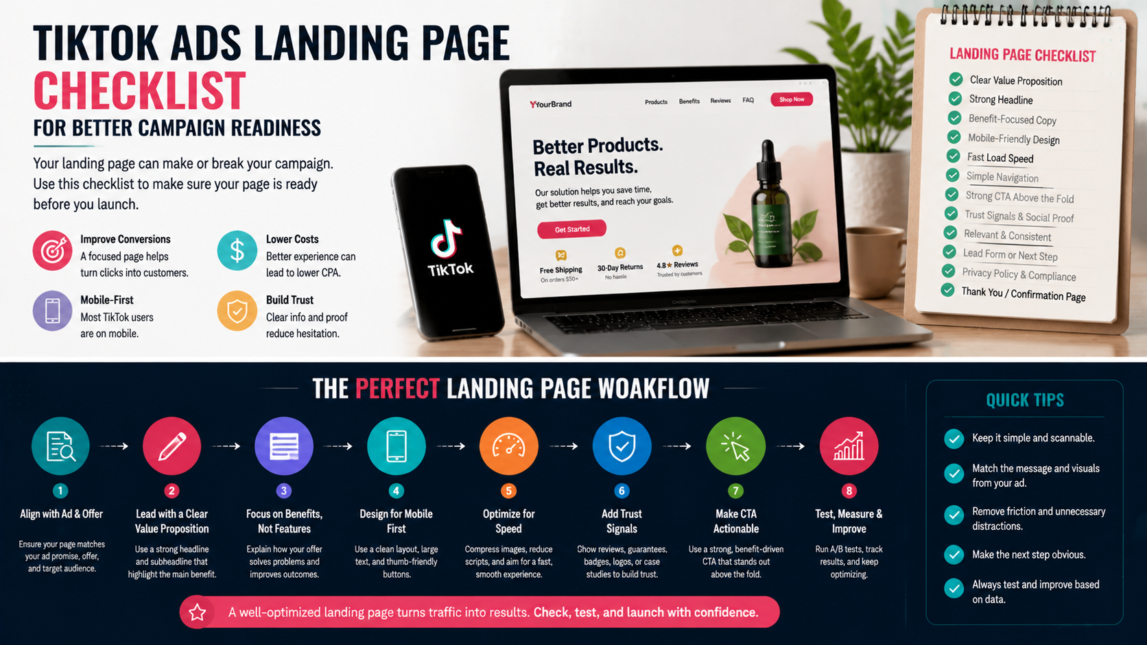 Two-panel infographic showing a laptop with TikTok Ads landing page, checklist on the right, and a step-by-step workflow for optimizing landing pages, including quick tips for conversion and tracking.