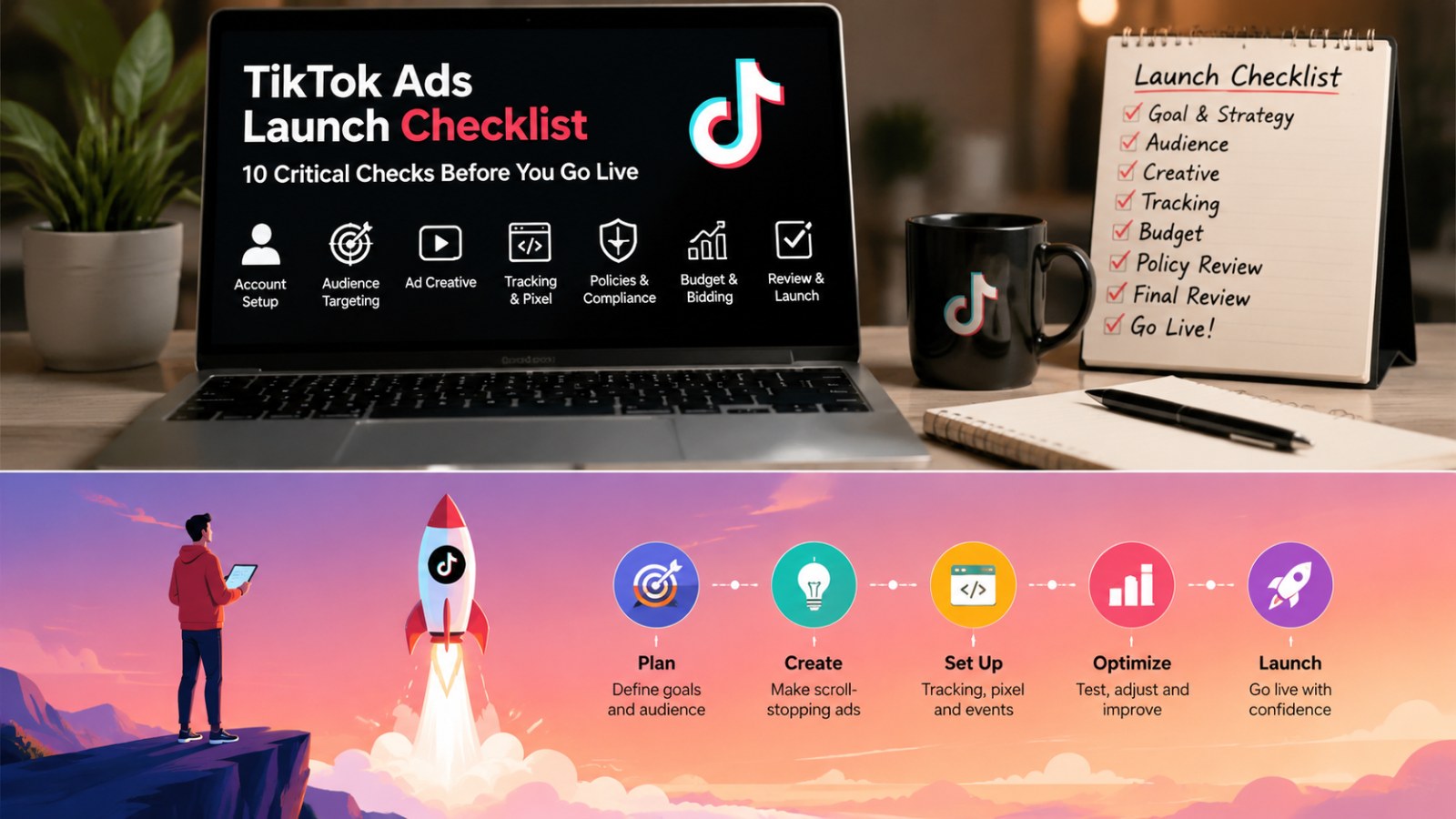 A two-panel wide visual combining a workspace laptop with TikTok Ads checklist and a rocket launch infographic representing campaign launch steps. for TikTok Ads Launch Checklist
