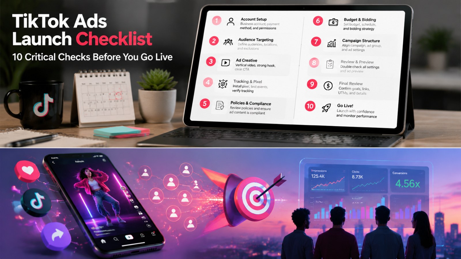 TikTok Ads Launch Checklist for First-Time Advertisers: 10 Critical Checks Before You Go Live 2 A digital marketing scene with a smartphone showing TikTok Ads interface, audience targeting and analytics dashboards, highlighting organized campaign planning. for TikTok Ads Launch Checklist