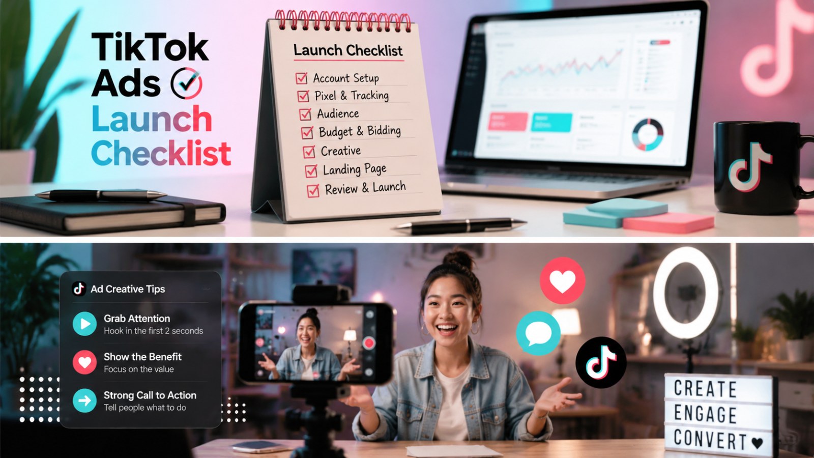 TikTok Ads Launch Checklist for New Advertisers: 11 Common Mistakes to Avoid 1 A TikTok Ads Launch Checklist displayed on a desk with a laptop showing analytics and a notebook with launch steps, representing the TikTok Ads Launch Checklist
