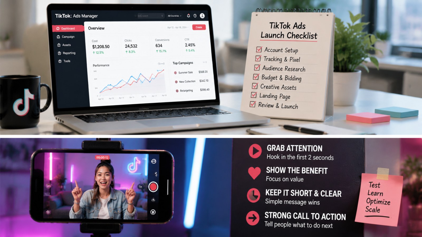 TikTok Ads Launch Checklist for New Advertisers: 11 Common Mistakes to Avoid 2 A creator recording TikTok content in a studio with a TikTok Ads Launch Checklist visible, demonstrating ad tips and launch steps