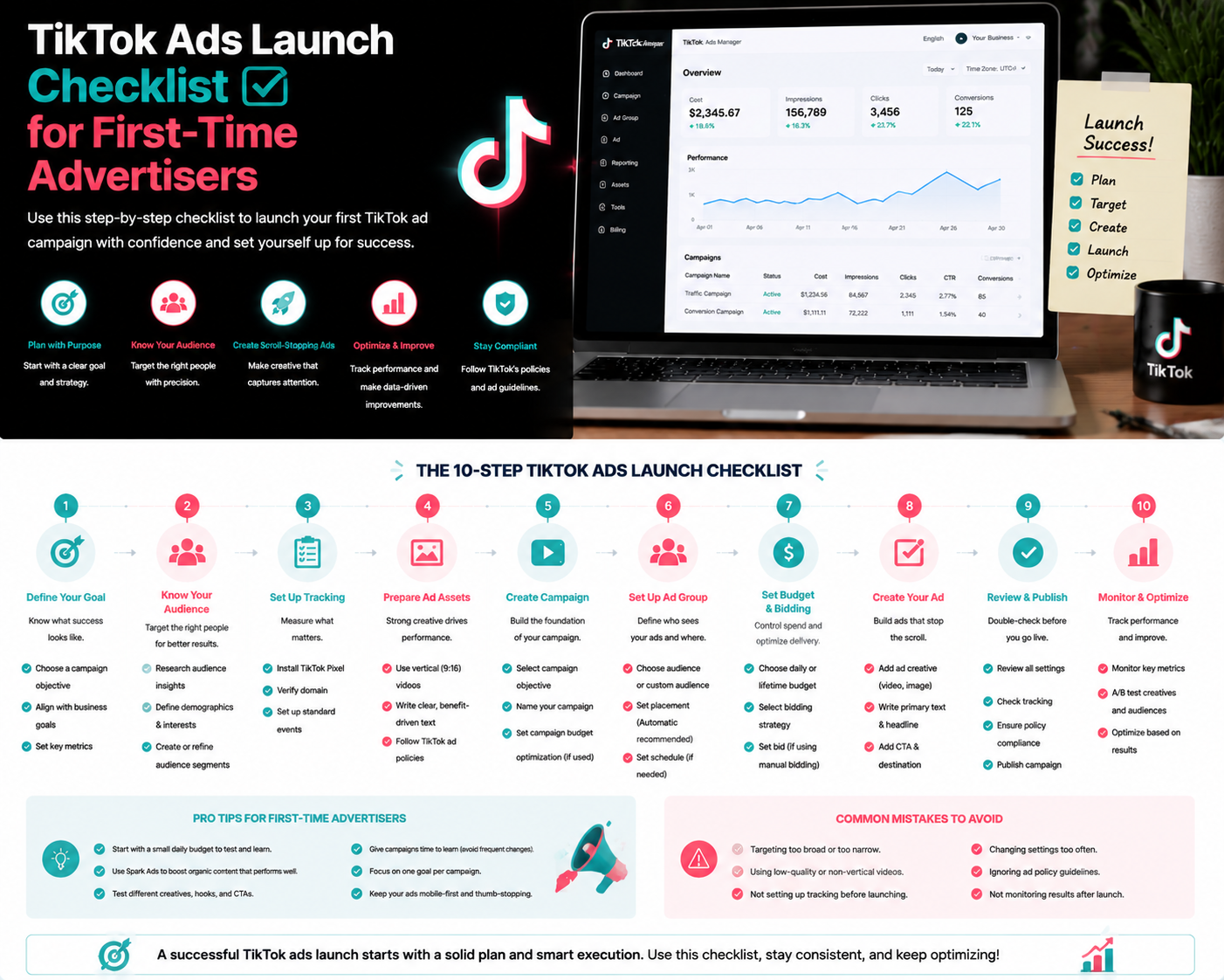 Infographic showing 10-step checklist for launching first TikTok ad campaign, including steps, tips, and common mistakes.