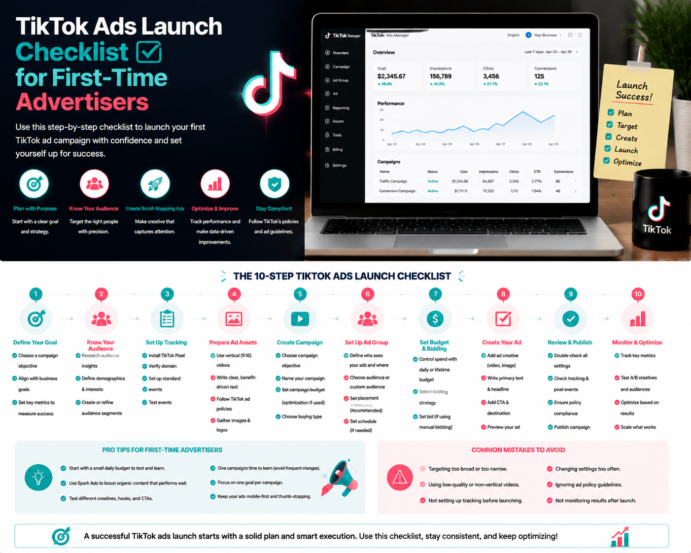 Clean infographic poster showing step-by-step process for launching TikTok Ads, checklist, and best practices for beginners.