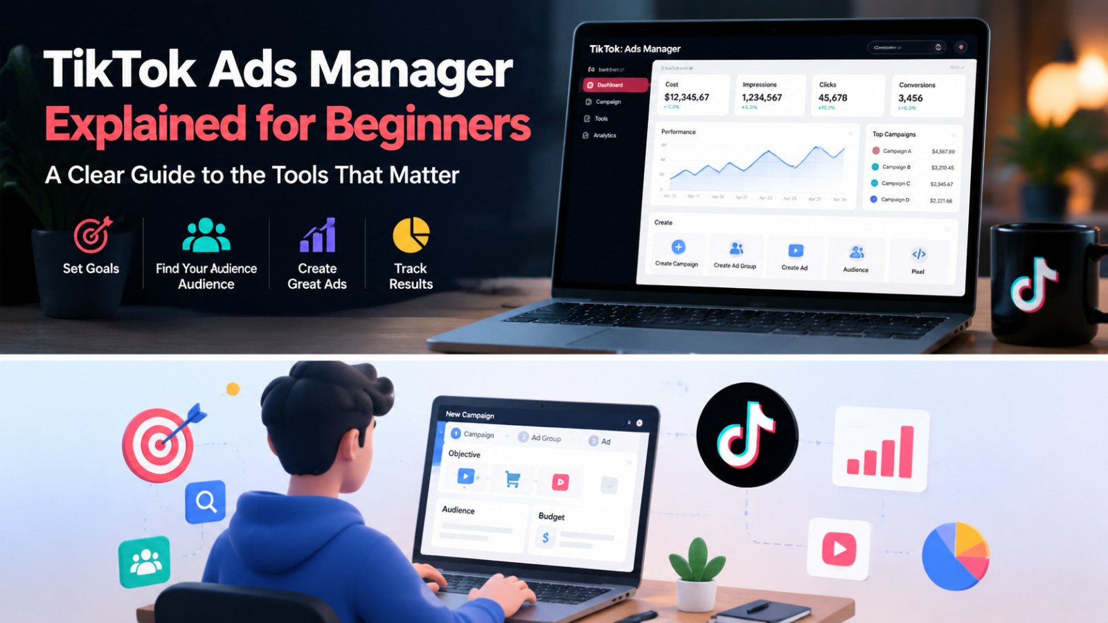 Hero-style image showing TikTok Ads Manager dashboard on a laptop with marketing icons, illustrating TikTok Ads Manager Explained for Beginners