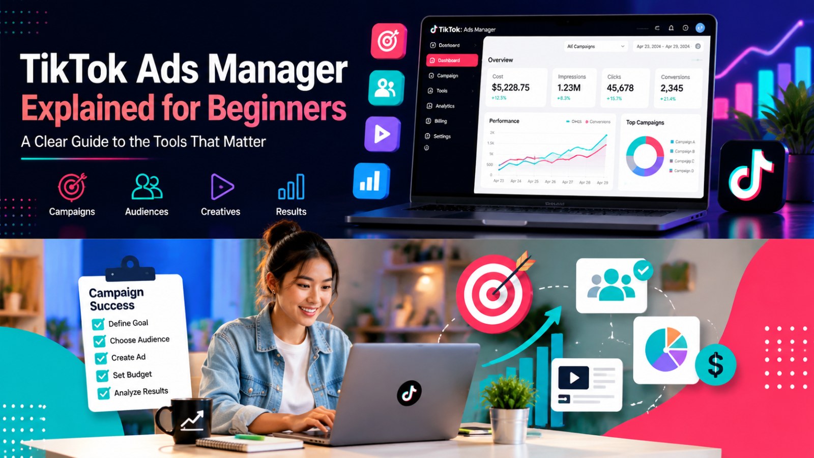 Illustration of a young woman using TikTok Ads Manager at her desk with floating icons representing campaigns, audiences, and results, for TikTok Ads Manager Explained for Beginners