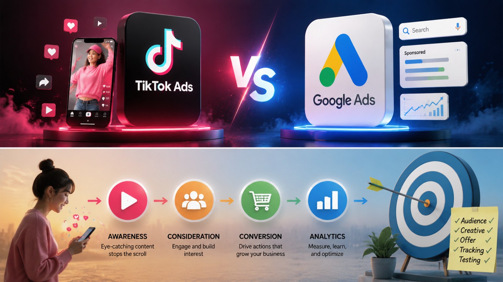TikTok Ads vs Google Ads: 9 Important Differences Every Advertiser Should Know 2 Illustration showing TikTok Ads' awareness to conversion funnel versus Google Ads' structured performance tracking. for TikTok Ads vs Google Ads