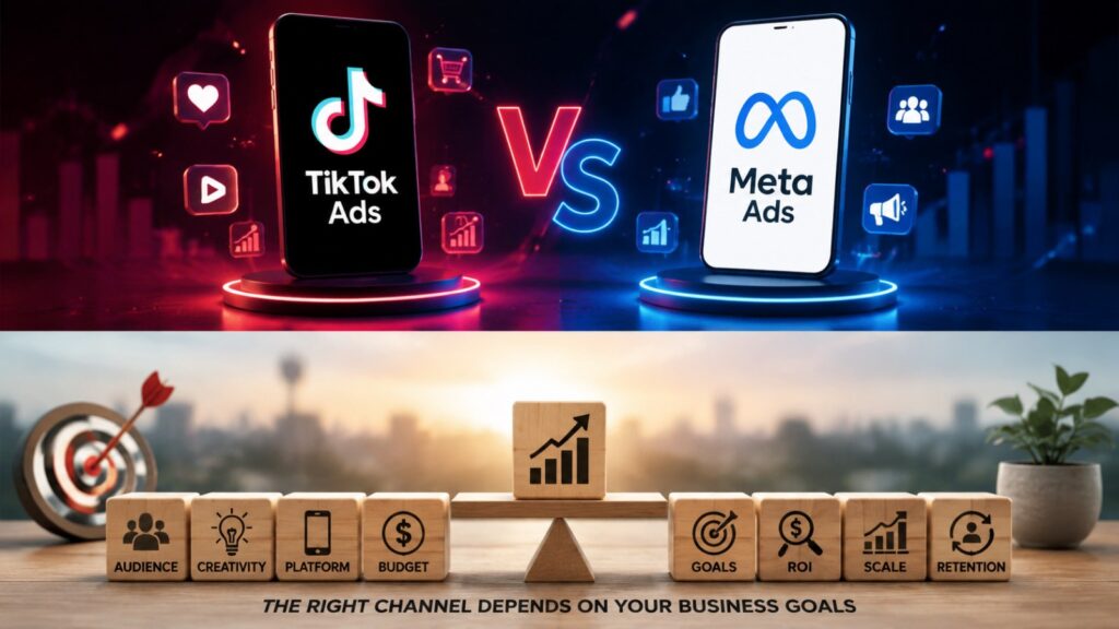 TikTok Ads vs Meta Ads: Which Channel Is Better for Your Business Growth? 4 Illustration showing TikTok Ads vs Meta Ads with conceptual business blocks emphasizing marketing strategy and platform selection for business growth.