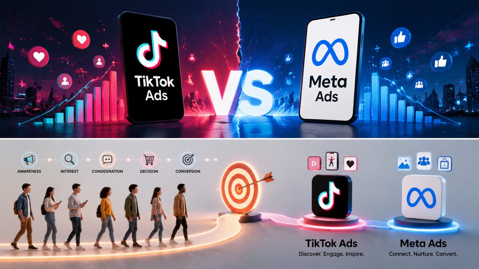 High-quality composite illustration contrasting TikTok Ads and Meta Ads with a dynamic marketing journey and analytics elements. for TikTok Ads vs Meta Ads