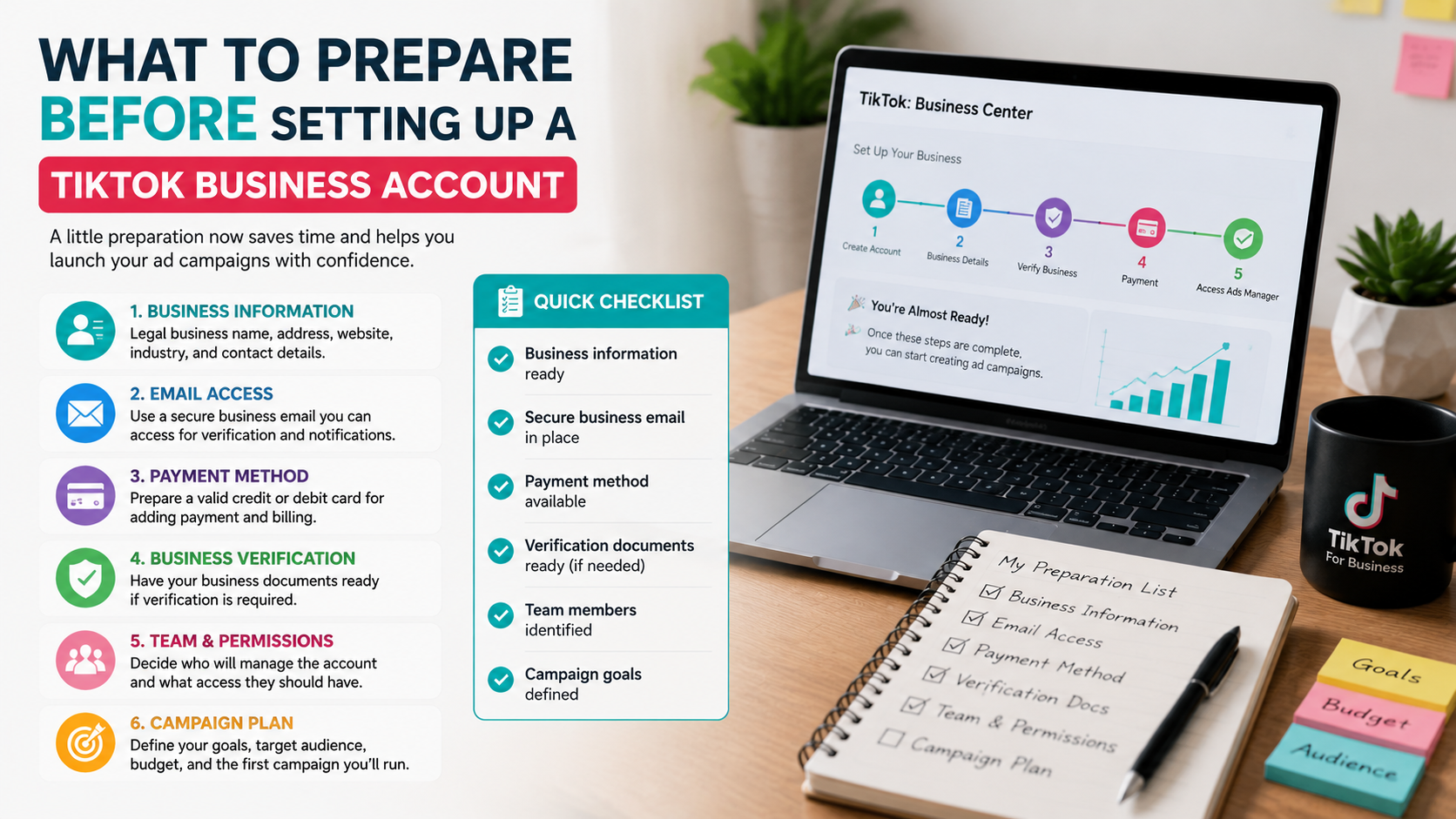 Professional office scene showing a TikTok Business Center setup screen with infographic checklist for account preparation and campaign readiness