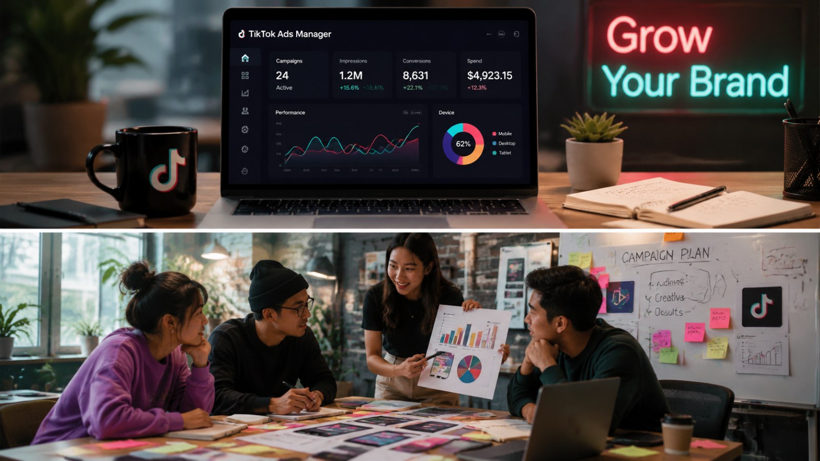 Wide cinematic view of a modern office with a TikTok Ads Manager dashboard and creative team brainstorming, illustrating TikTok Business Account Requirements.