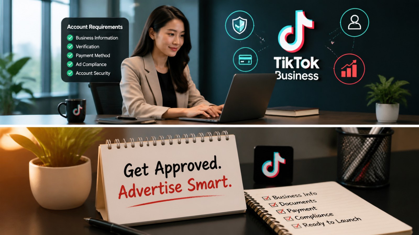 A professional working at a laptop with TikTok Business Account setup checklist in the background, illustrating TikTok Business Account Requirements for advertisers.