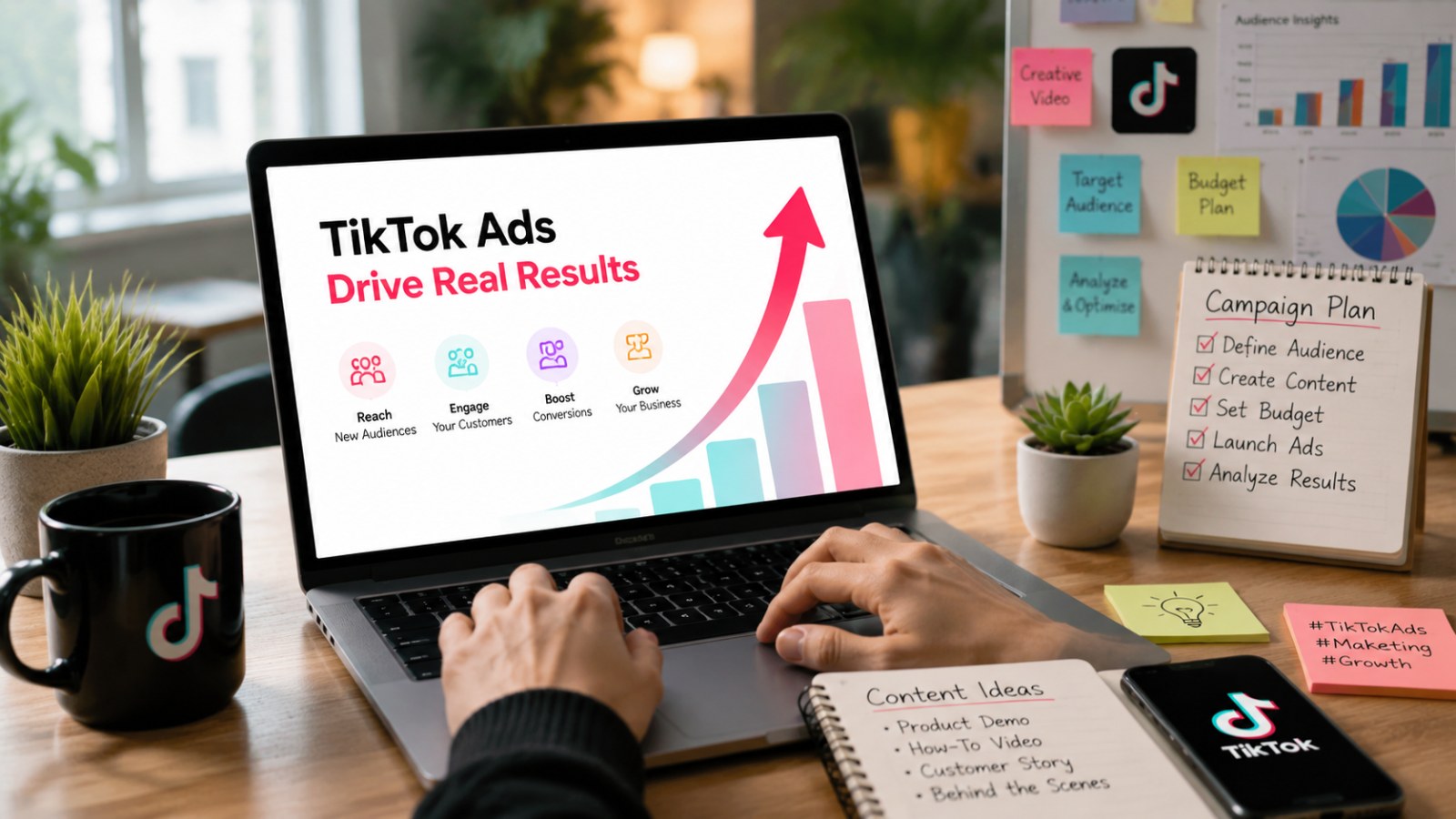 TikTok Business Account Requirements for Advertisers: What You Need Before Approval 2 A bright modern home office scene showing a person working on TikTok marketing tasks with a laptop displaying TikTok ads, highlighting TikTok Business Account Requirements.