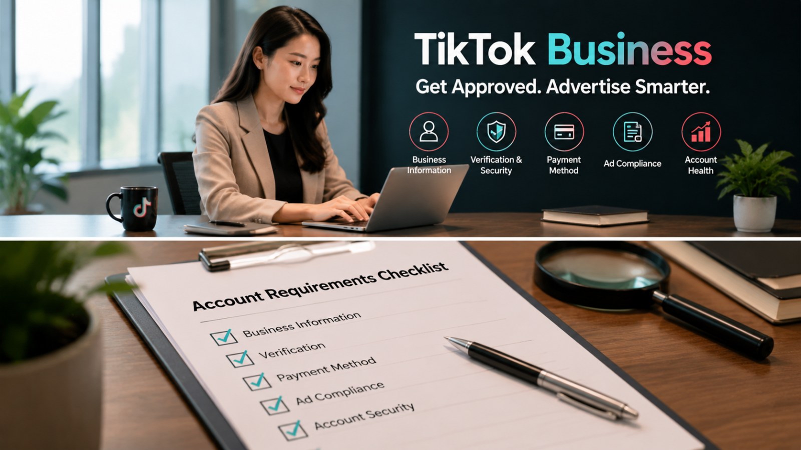 Close-up of a 'Get Approved' notepad and workspace items including TikTok logo and checklist, emphasizing TikTok Business Account Requirements steps.