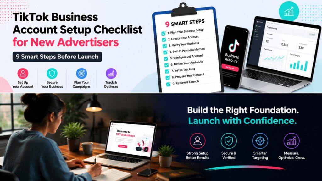 A sleek, modern graphic illustrating the TikTok Business Account Setup Checklist for new advertisers with a 9-step checklist and icons.