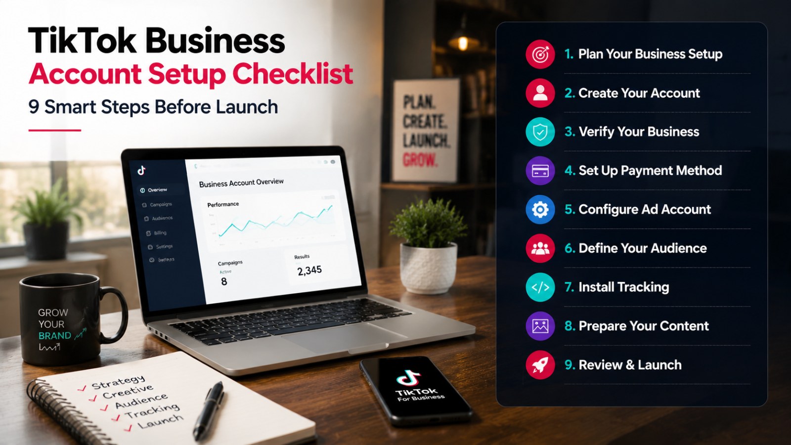 TikTok Business Account Setup Checklist for New Advertisers: 9 Smart Steps Before Launch 2 A professional office workspace showing a laptop, notebook, and checklist for TikTok Business Account pre-launch steps. for TikTok Business Account Setup Checklist