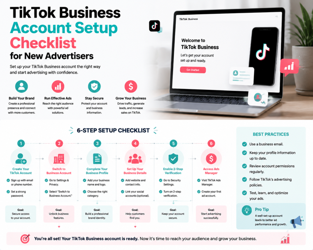 Infographic showing step-by-step TikTok Business account setup checklist for new advertisers with best practices.