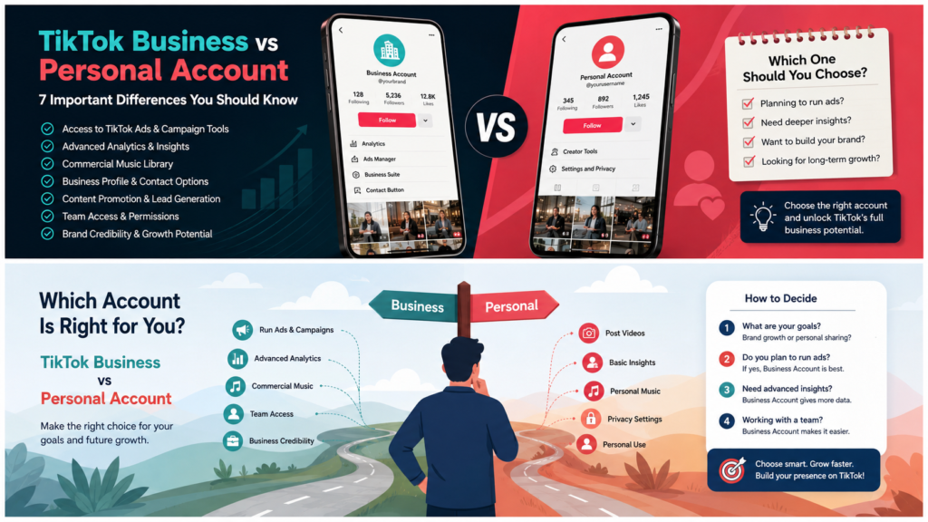 TikTok Business vs Personal Account: 7 Important Differences You Should Know 3 TikTok Business vs Personal Account visual guide showing two paths and decision points for choosing the right TikTok account type
