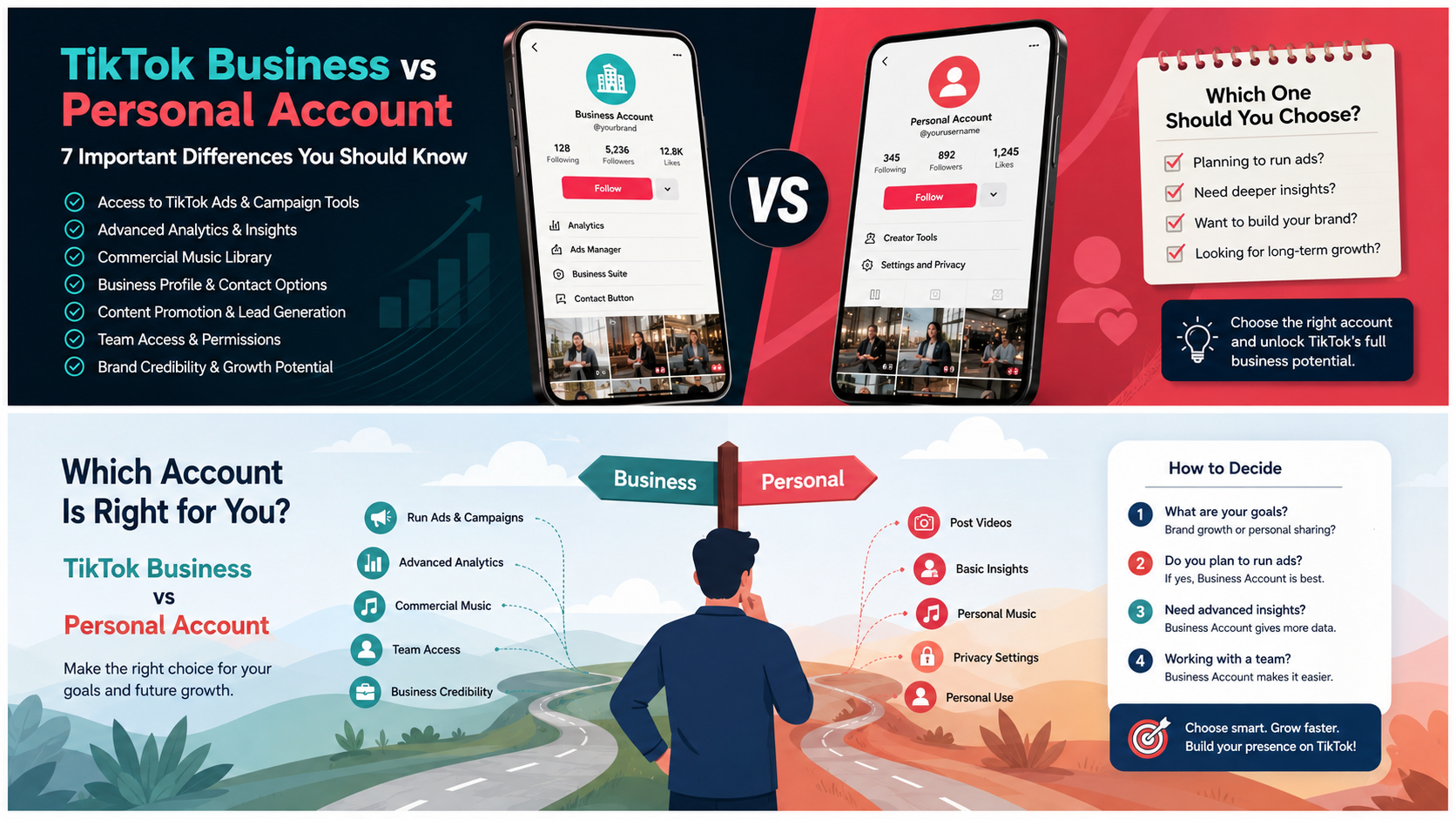 TikTok Business vs Personal Account: 7 Important Differences You Should Know 1 TikTok Business vs Personal Account visual guide showing two paths and decision points for choosing the right TikTok account type