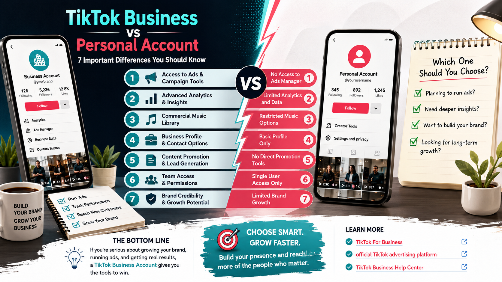 TikTok Business vs Personal Account: 7 Important Differences You Should Know 2 TikTok Business vs Personal Account infographic highlighting seven important differences in analytics, ads, music, and brand tools