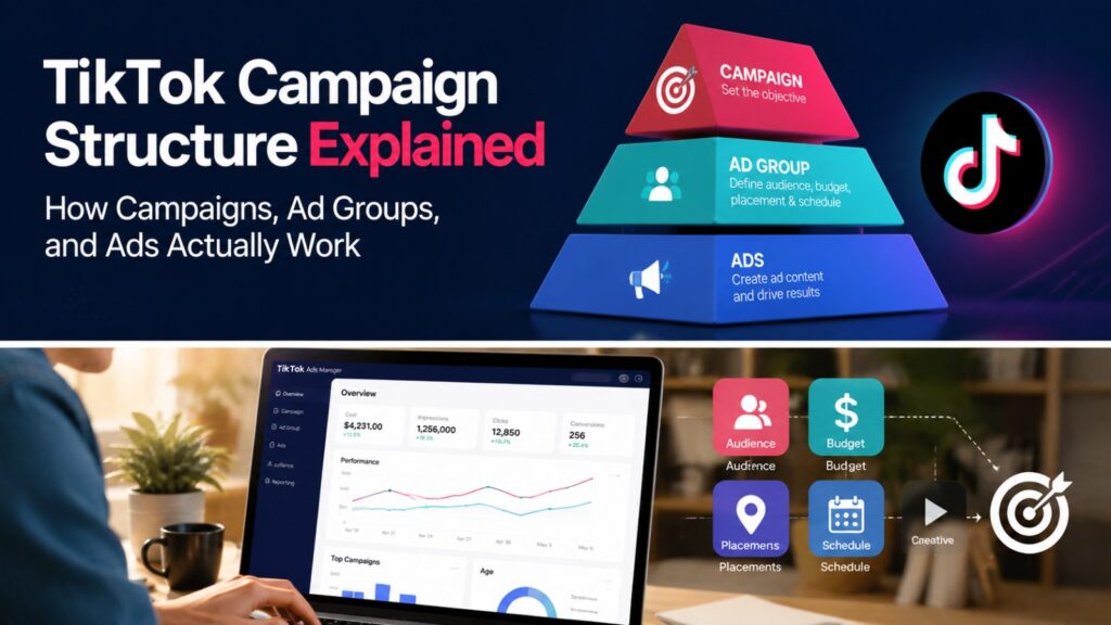 A 3D pyramid infographic showing TikTok Campaign Structure with Campaign, Ad Group, and Ads levels