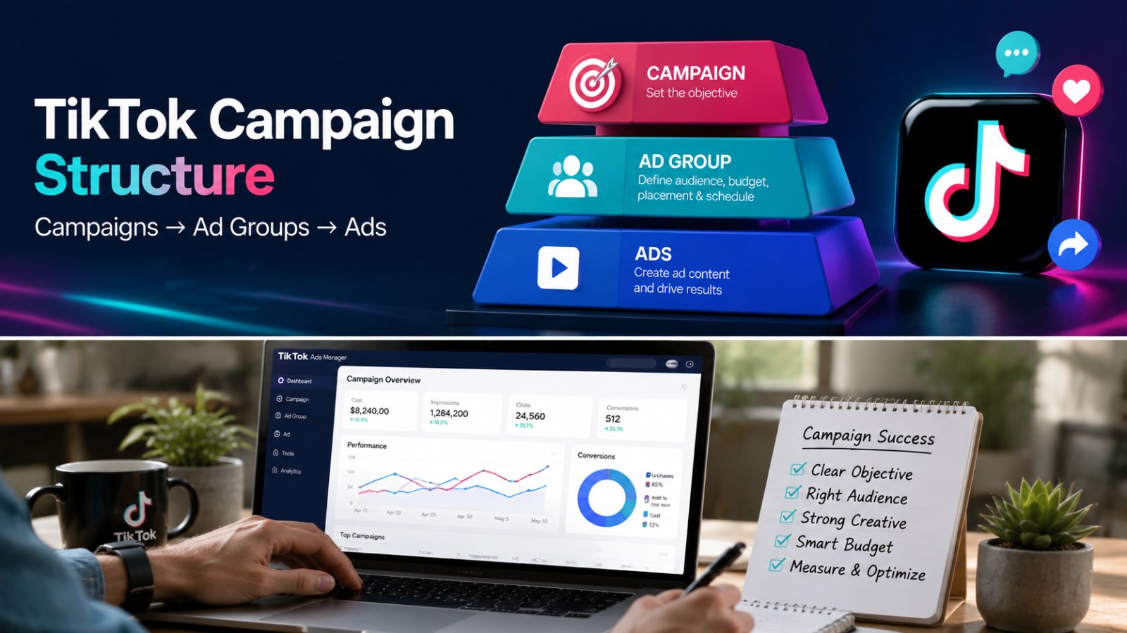 TikTok Campaign Structure Explained: How Campaigns, Ad Groups, and Ads Actually Work 2 A two-panel scene showing a person working on TikTok Ads with campaign metrics and strategy notes on a desk for TikTok Campaign Structure