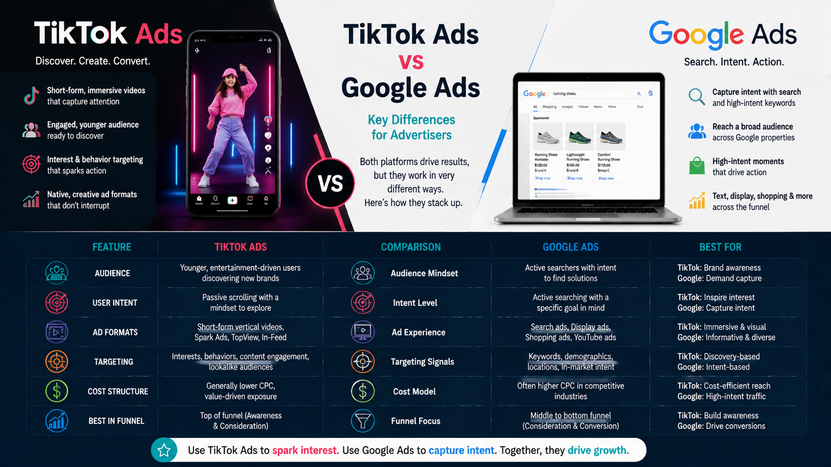 Wide infographic showing side-by-side comparison of TikTok Ads and Google Ads with key differences in audience, ad formats, targeting, costs, and best use cases.