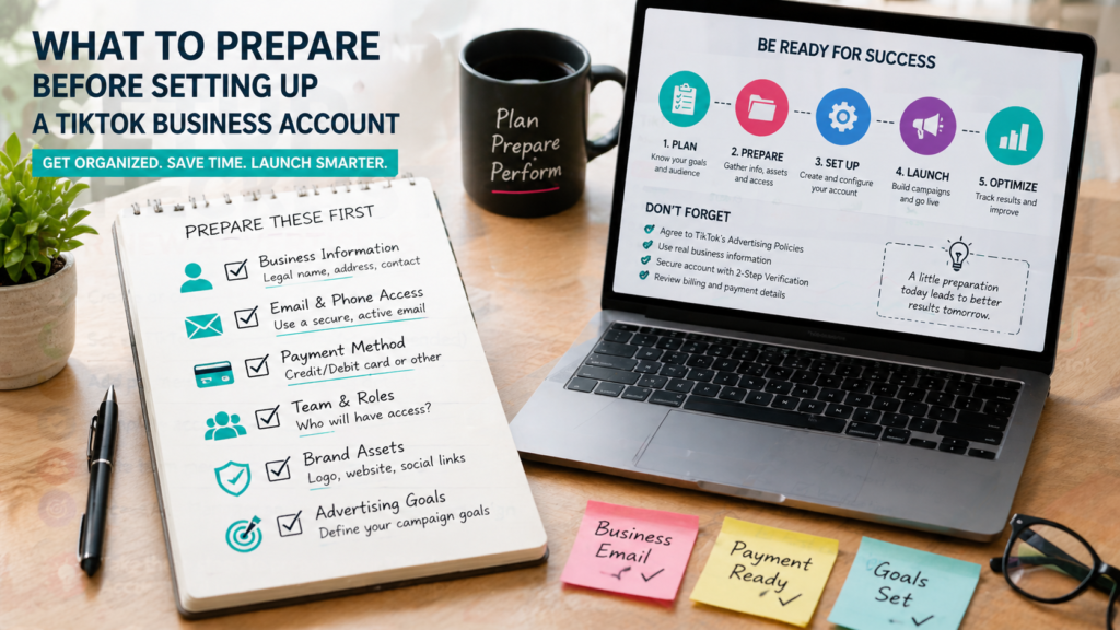 Workspace flat-lay showing checklist, laptop, and notes for preparing a TikTok Business Account before setup