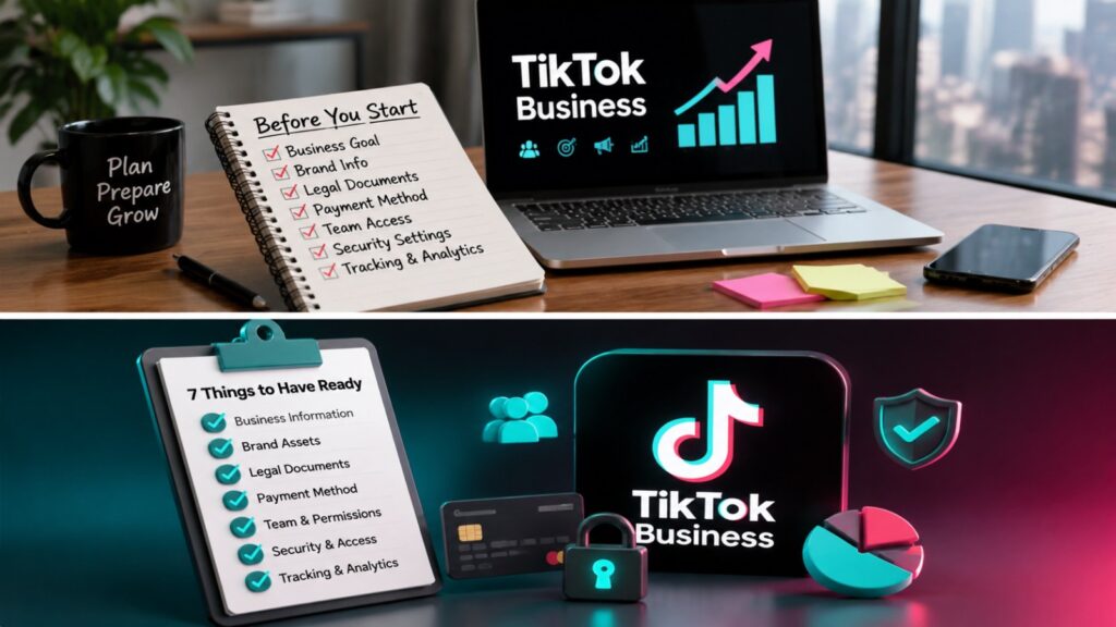 What to Prepare Before Setting Up a TikTok Business Account: 7 Important Things to Have Ready 4 A composite image showing a modern office setup and a checklist titled '7 Things to Have Ready' for What to Prepare Before Setting Up a TikTok Business Account.