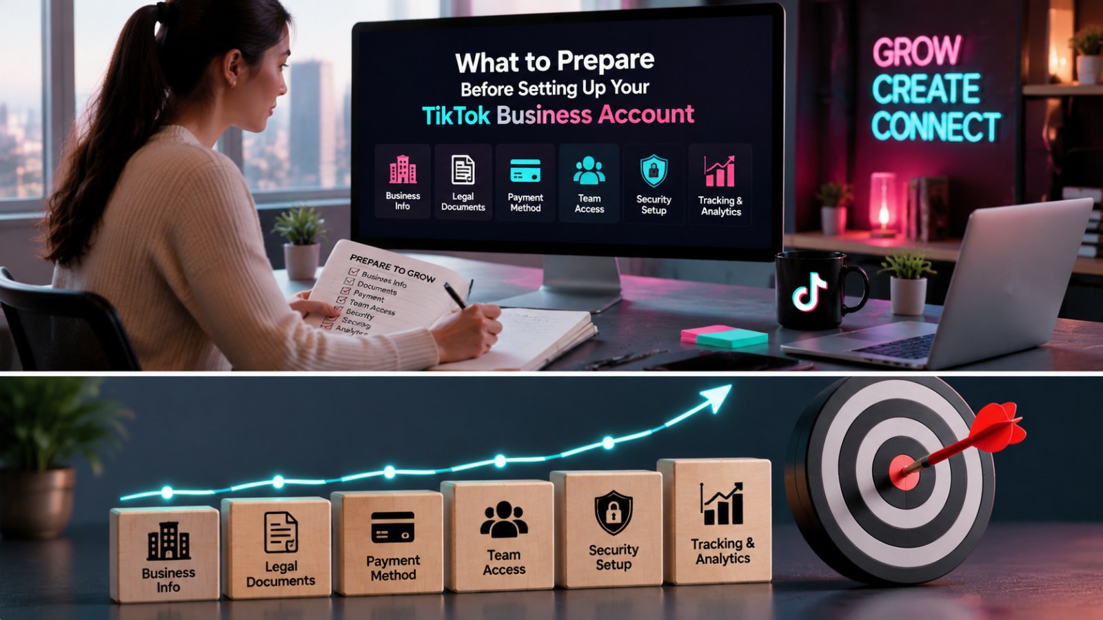 A futuristic office scene with a woman taking notes, a screen showing TikTok Business setup tasks, and blocks representing key account preparation steps for What to Prepare Before Setting Up a TikTok Business Account.