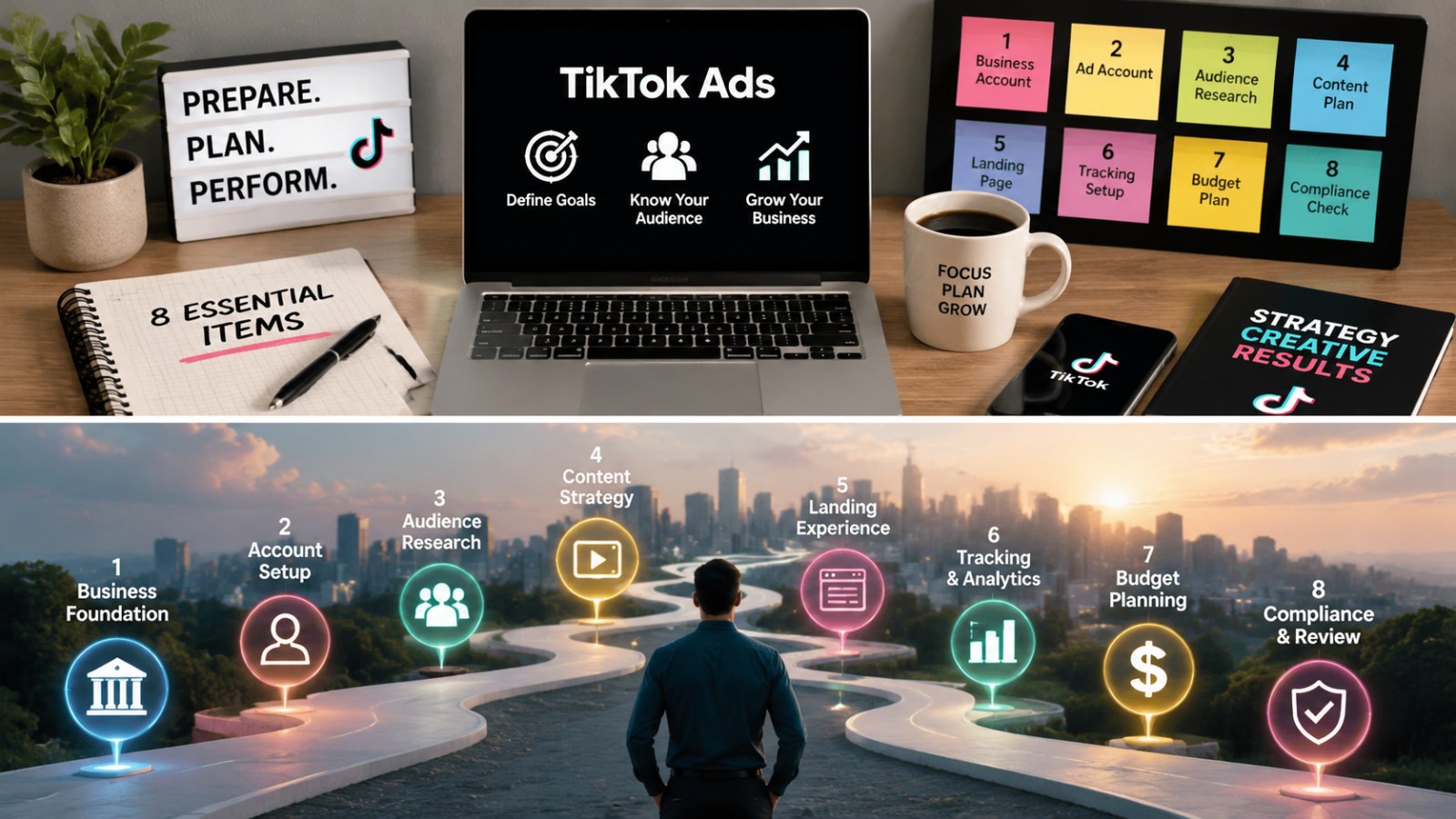 A clean, well-organized TikTok Ads planning workspace showing laptop, notes, and creative assets, highlighting the Focus Keyword What to Prepare Before Starting TikTok Ads