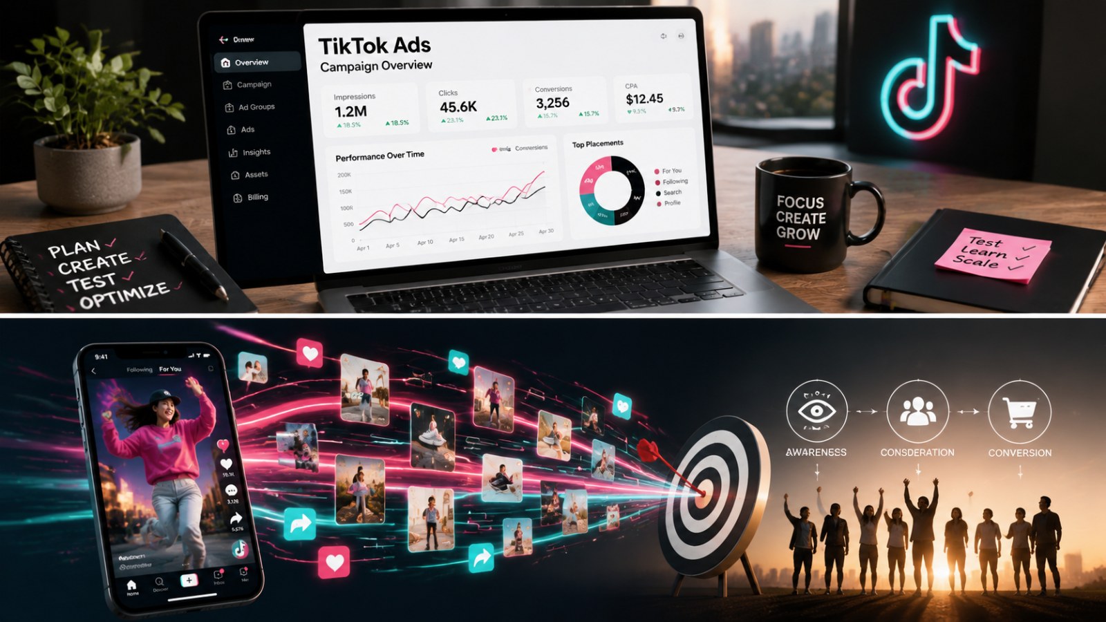 What to Prepare Before Starting TikTok Ads: 8 Essential Items to Get Ready 2 A dynamic scene depicting a business professional analyzing a viral TikTok content journey, with visual KPIs and audience targeting, representing What to Prepare Before Starting TikTok Ads