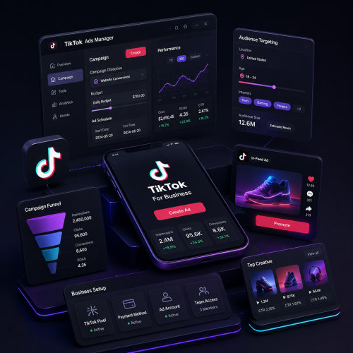 GrowifyLab interface showing AI-powered TikTok growth tools, dashboards, and mobile app for TikTok Business Account management and content optimization
